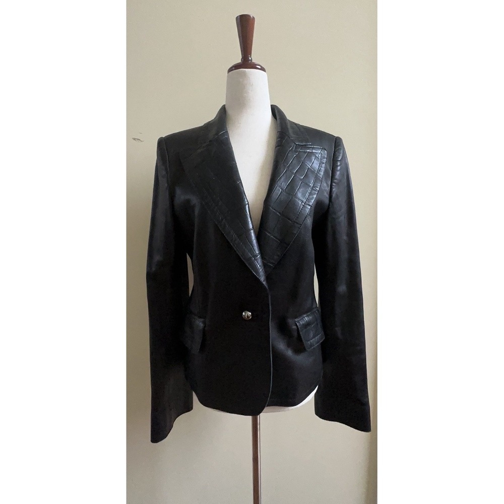 PENTA Black Leather Blazer Croc Embossed Lapel Single Button Size 10